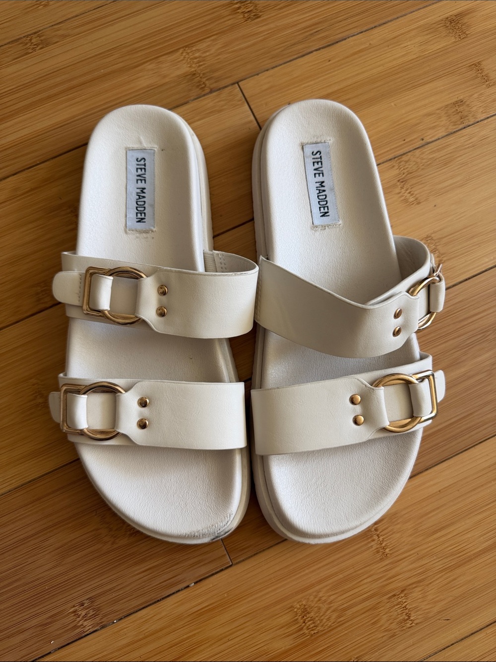 Steve Madden Ivory Slide Sandals with Gold Buckles - Picture 4 of 4